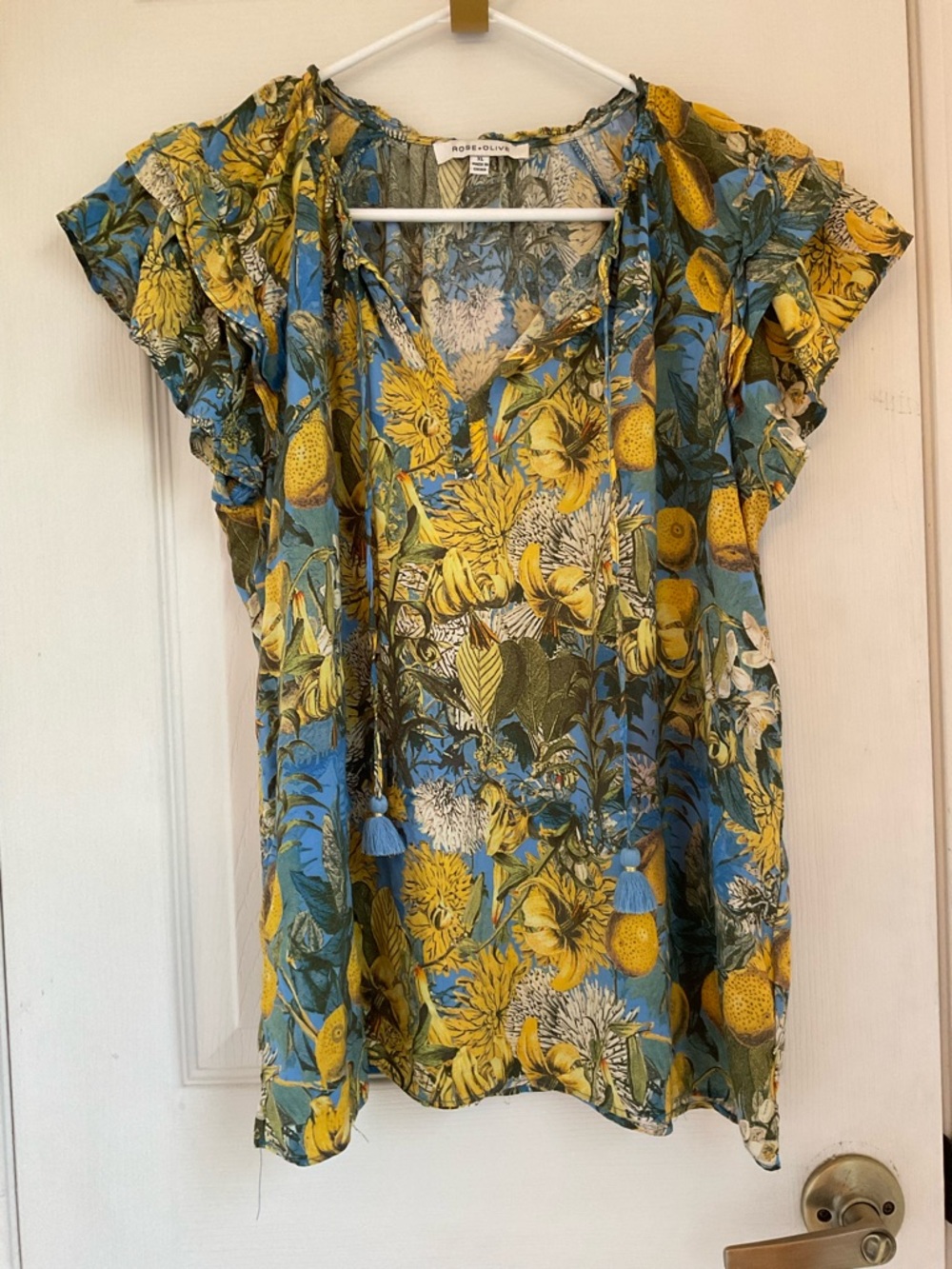 Rose & Olive Blue and Yellow Floral Tie-Neck Ruffle Sleeve Blouse 22” by 25”